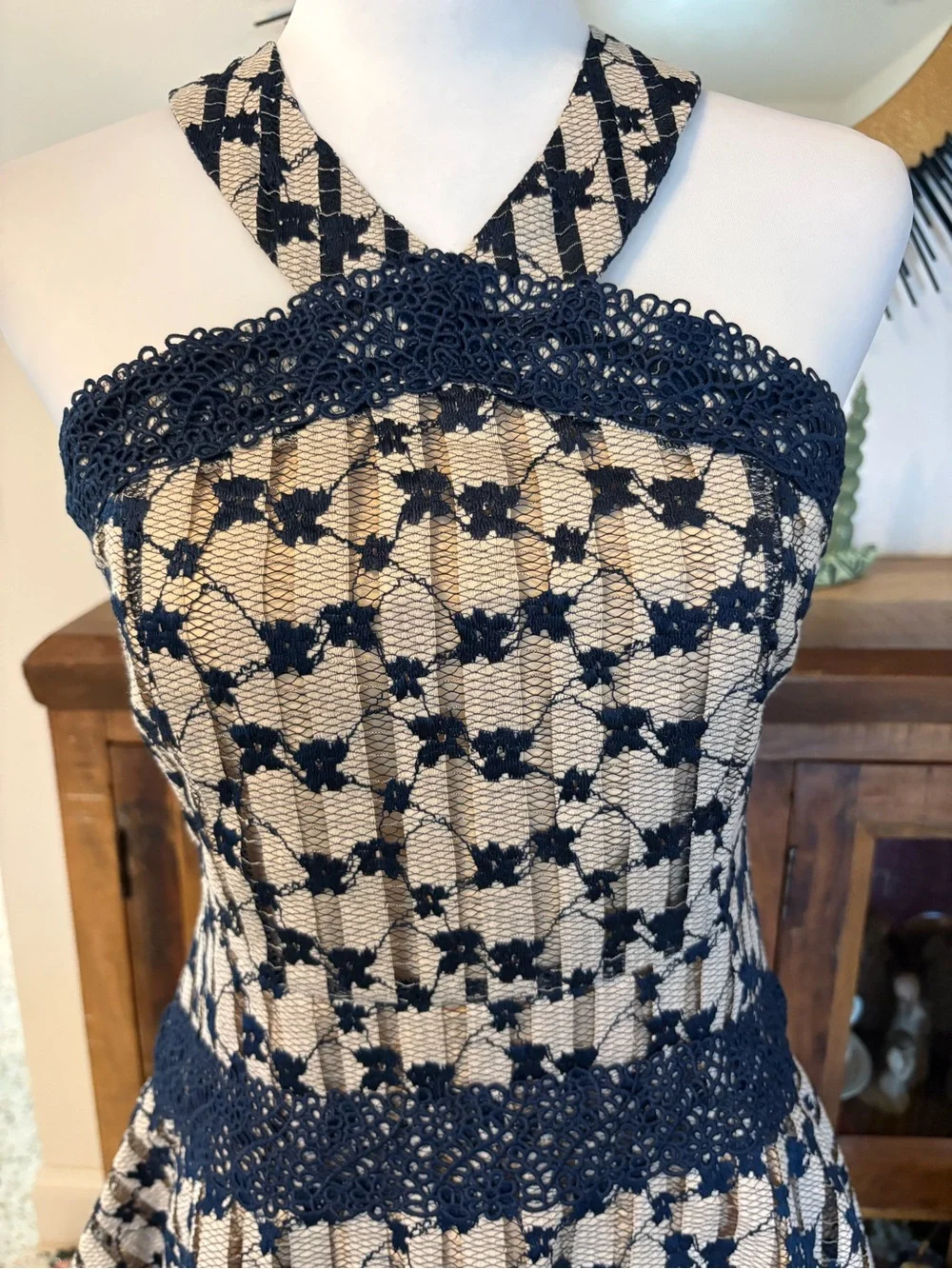 FOXIEDOX Anthropologie Cordelia Navy Blue Beige Lace Halter Dress! Gorgeous! S
